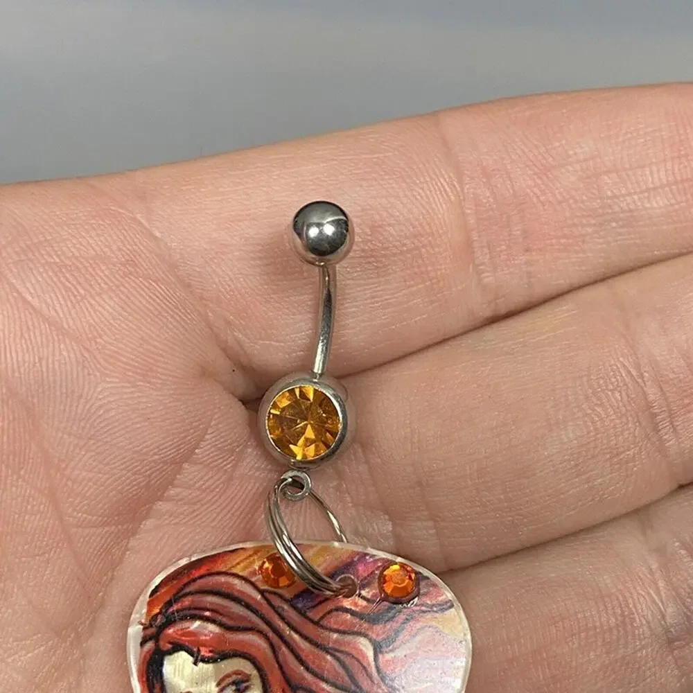 Handmade Pearlescent Redhead Pinup Girl Guitar Pick Belly Ring Rhinestone